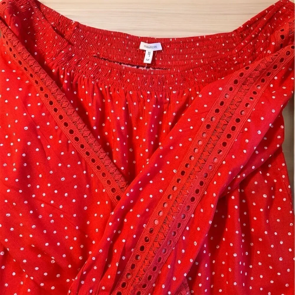 Maurices Red White Polka Dot Smocked Off The Shoulder Flowy Long Sleeve Blouse